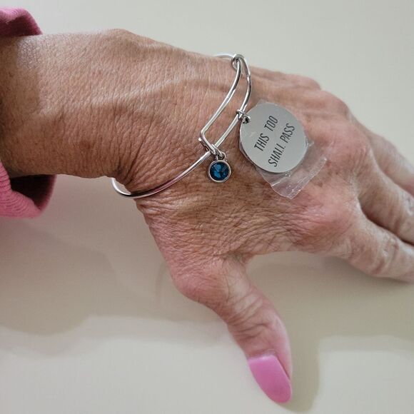 This Too Shall Pass Silver Bangle Bracelet with Accent Blue Zircon Charm - Picture 3 of 9